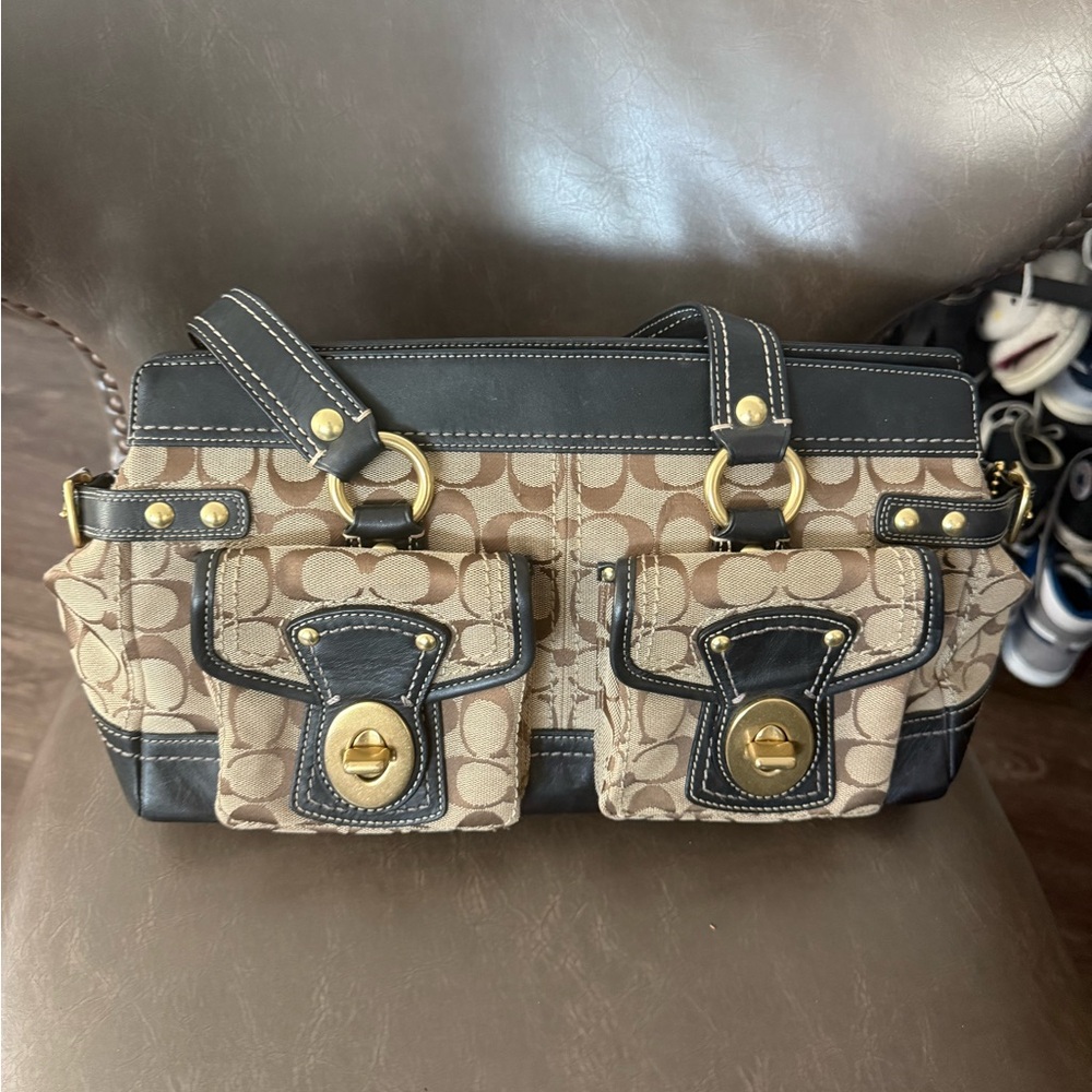 Coach Signature Tan and Black Satchel